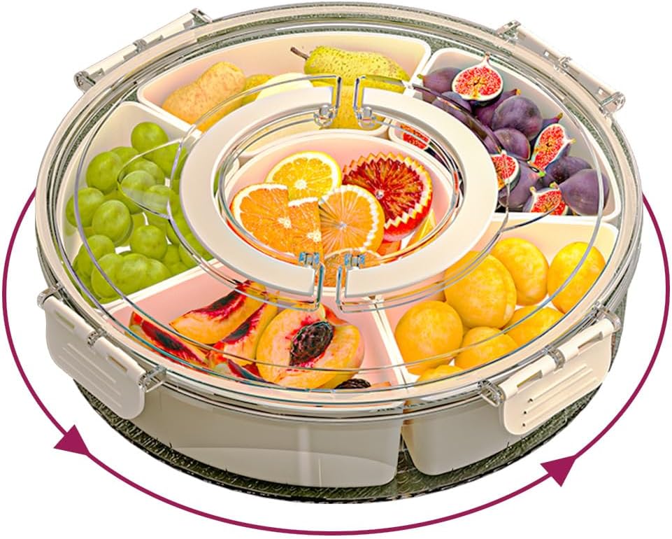Portable Spinnable Snackle Box Container, Divided Dishes, Trays & Platters,Divided Rotating Serving Tray with Lid and Handle for Veggie, Fruit, Candy, Nuts, Divided Serving Platter