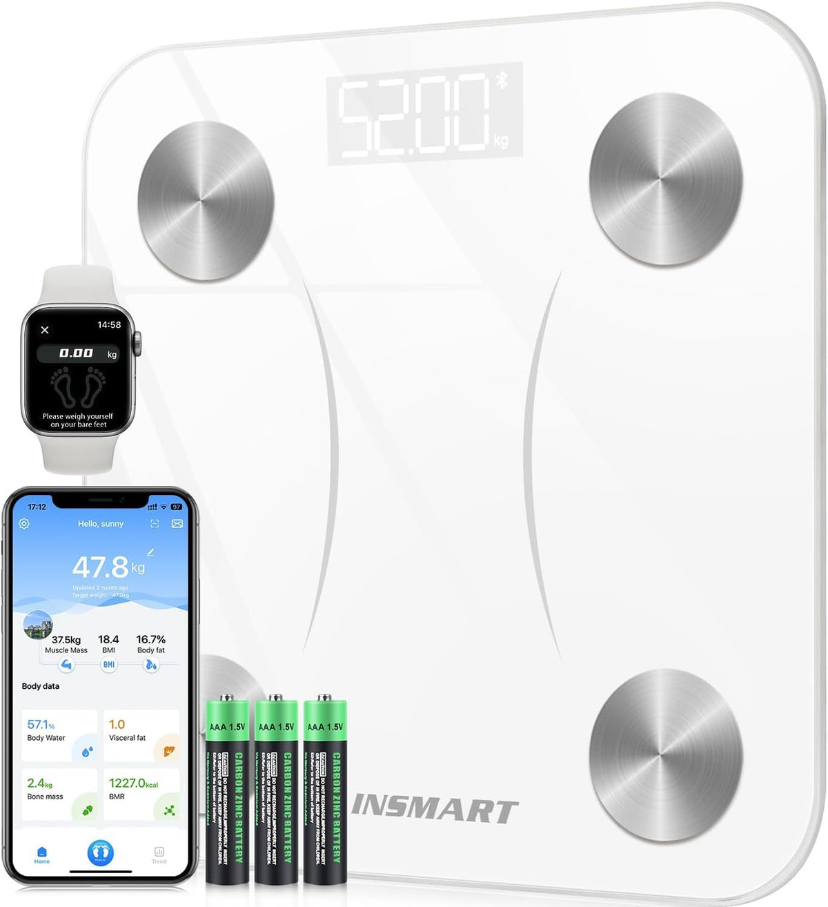 Smart Weight Scale, INSMART Bluetooth Bathroom Scales with BMI Analyze, Digital Body Fat Scale with Smartphone APP, Body Fat Weighing Scale with 17 Body Composition - Black