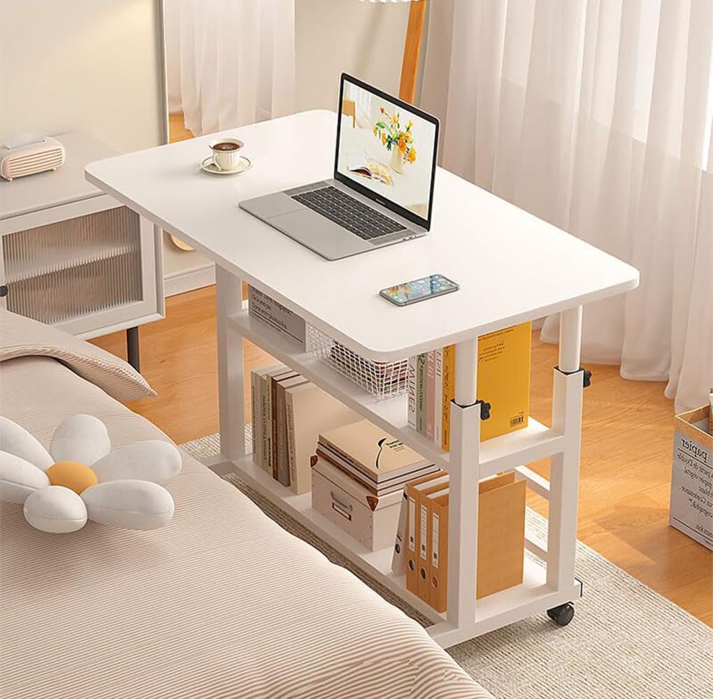White Mobile Height-Adjustable Laptop Desk with Storage