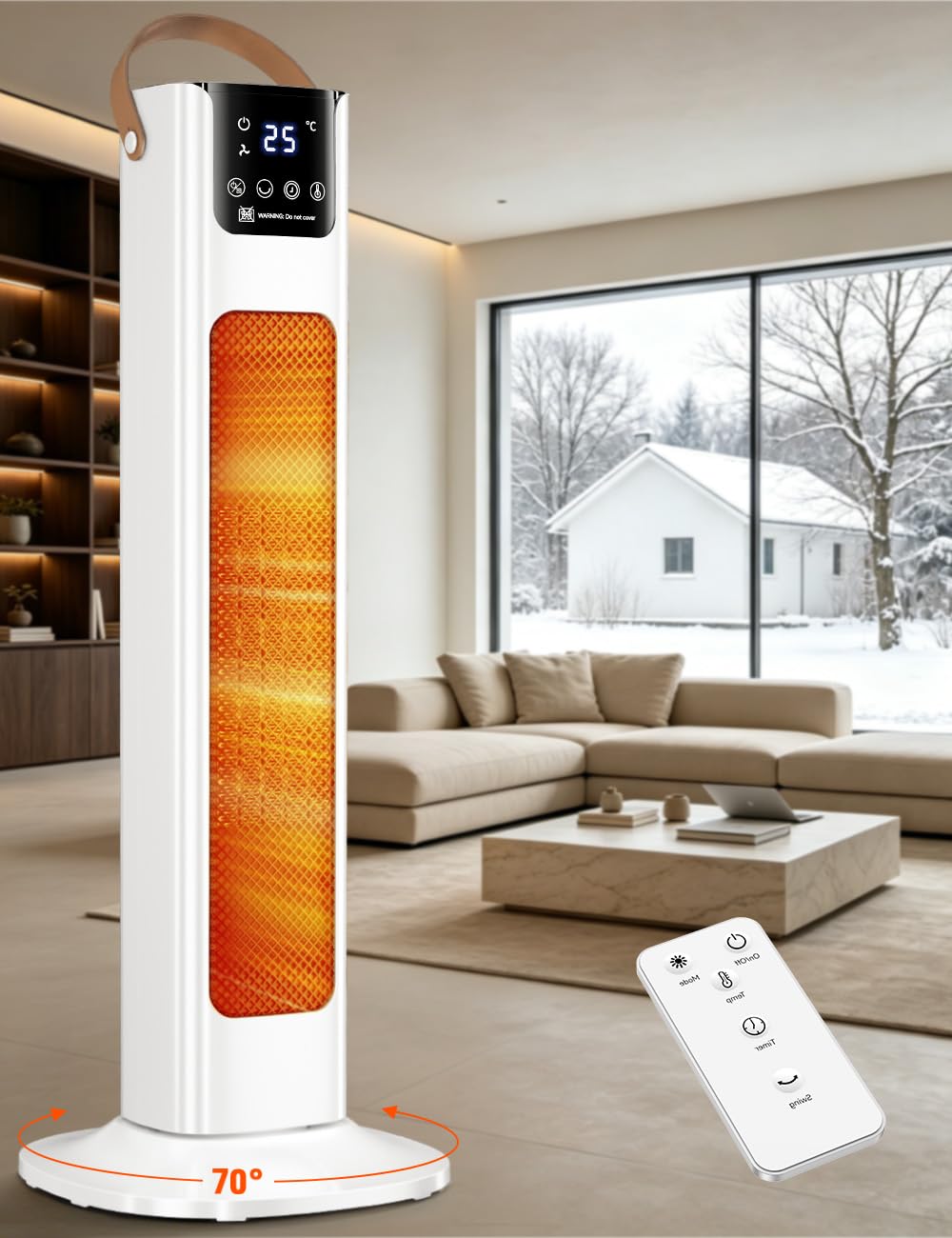 Portable Heater, 63CM 2000W PTC Ceramic Heater w/Remote, 1S Heating 30m², 12H Timer, 70° Oscillation, Adjustable Thermostat Fan Heater, Overheat & Tip-Over Protection Room Heater for Bedroom