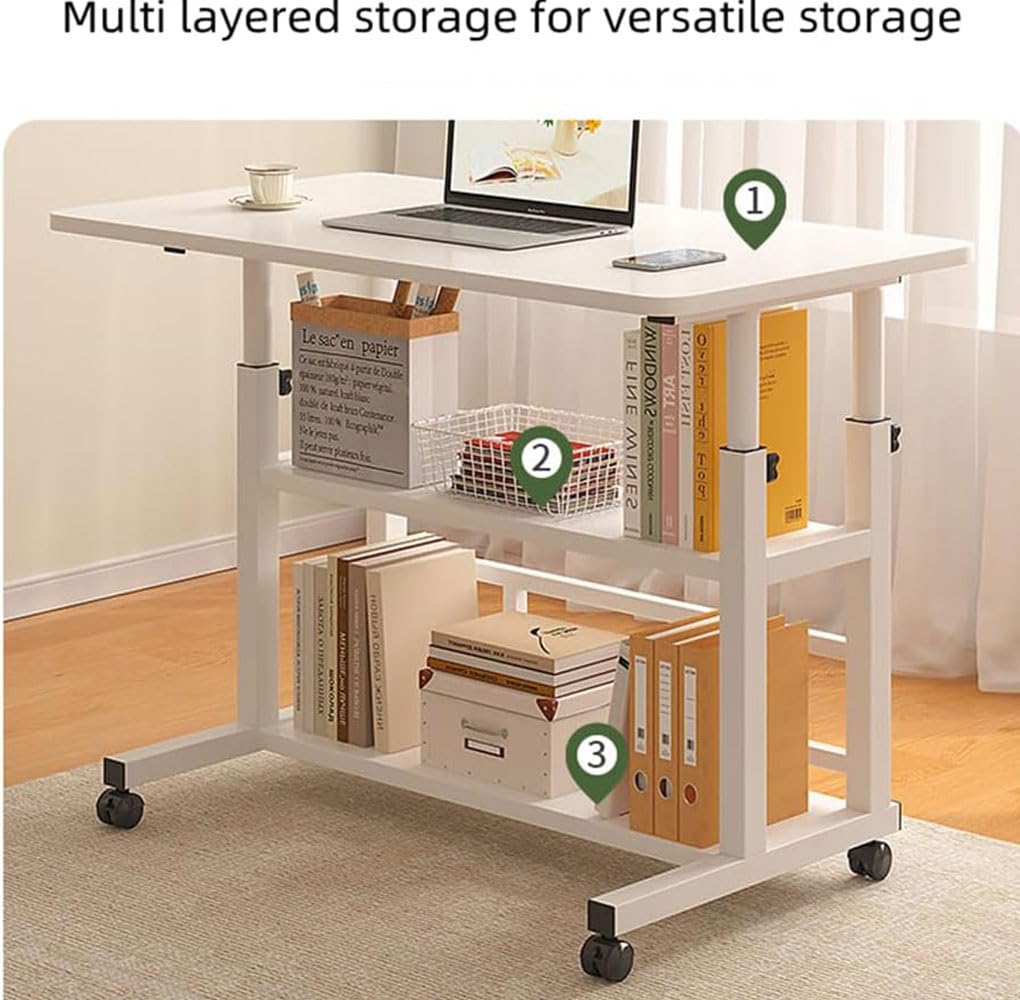 White Mobile Height-Adjustable Laptop Desk with Storage