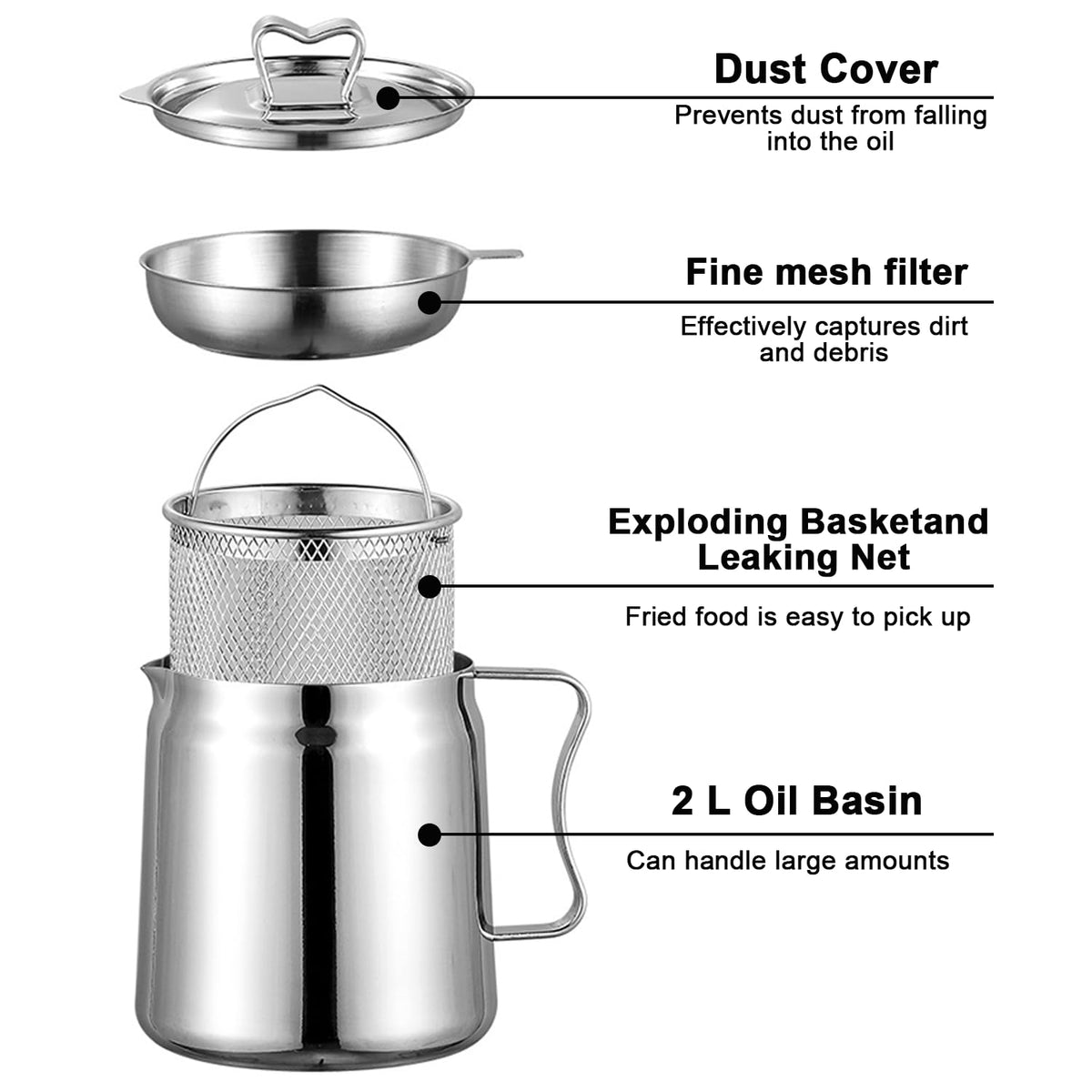 2 L Stainless-Steel Oil Filter Pot with Strainer & Frying Basket