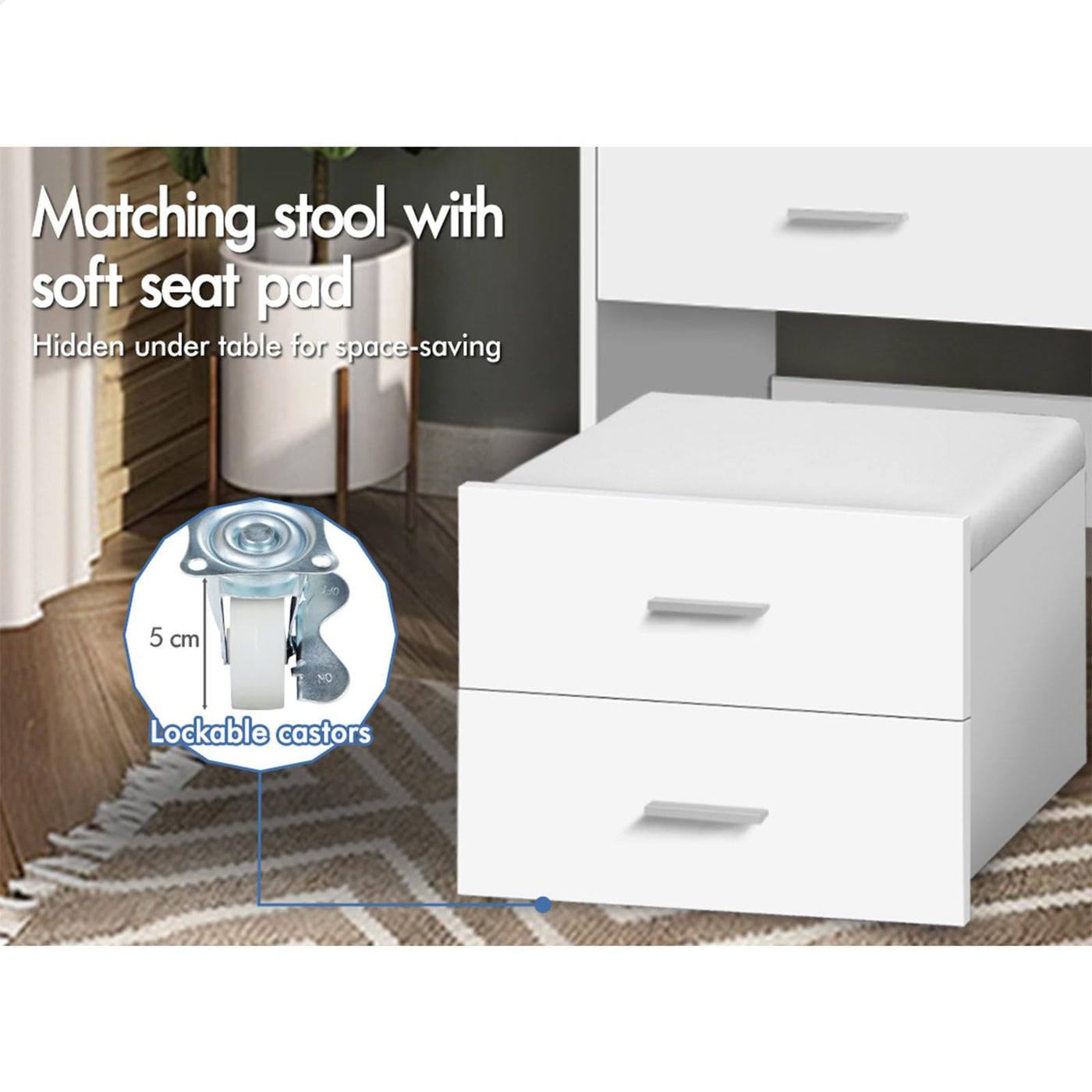 White Fold-Away Vanity Desk with Mirror, 3 Drawers & Hidden Stool