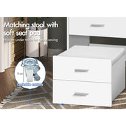 White Fold-Away Vanity Desk with Mirror, 3 Drawers & Hidden Stool