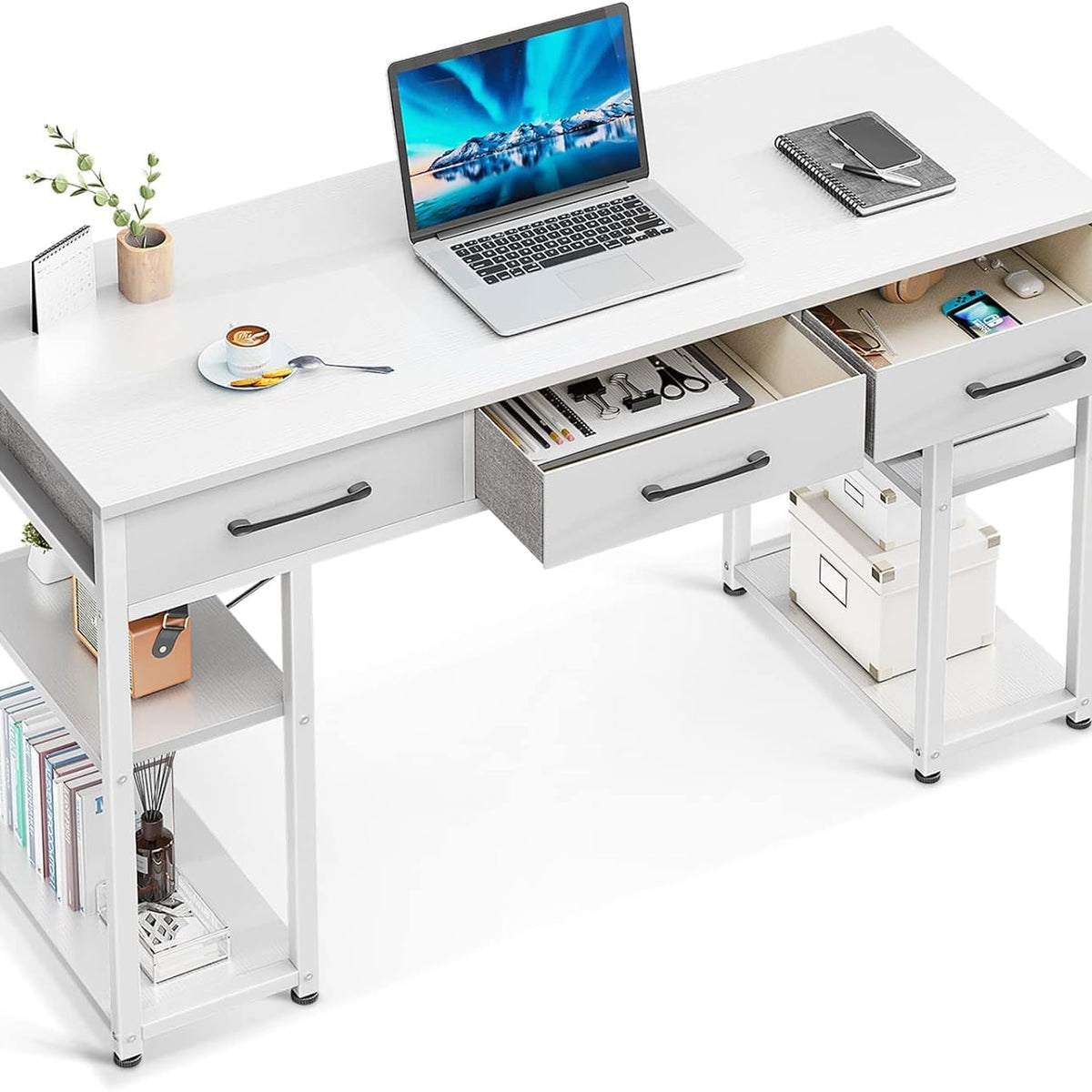 Office Small Computer Desk: Home Table with Fabric Drawers & Storage S ...
