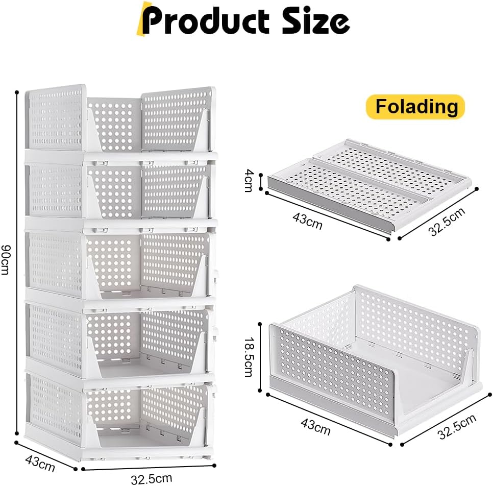 43 × 33 × 18 cm Foldable Stackable Storage Baskets – 5 Pack