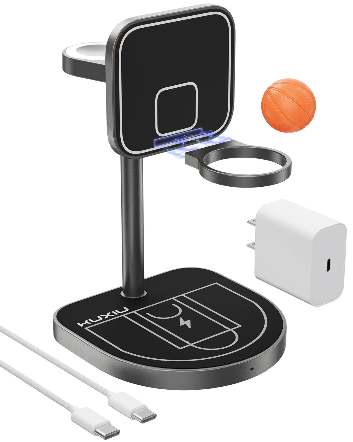 3-Point Power 3 in 1 Charging Station for Apple, KU XIU X85 Aluminum Alloy Magnetic Wireless Charger Stand with Mini Basketball & Hoop for iPhone 16/15/14/13/12, 5W for Apple Watch, AirPods, Black