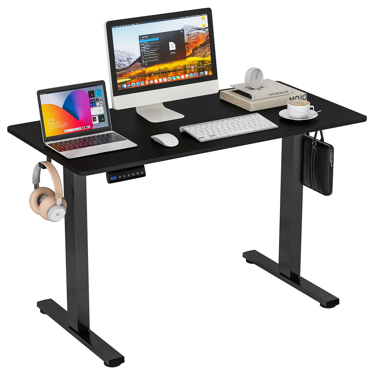 Giantex Electric Standing Desk, 140 x 60 cm Sit Stand Home Office Desk with 3 Memory Height Settings, Height Adjustable Computer Desk with 2 Hanging Hooks & Cable Management (Black)
