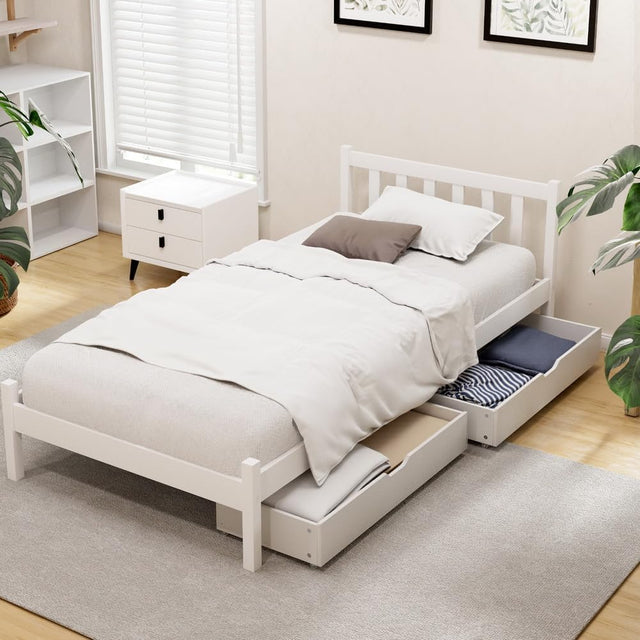 Artiss Bed Frame Single Size with 2 Storage Drawer, White Platform Bed Base with Headboard, Solid Pine Wooden Single bedframe, 180kg Capacity Timber Platform Bed Frame for Guest Room, Easy Assemble