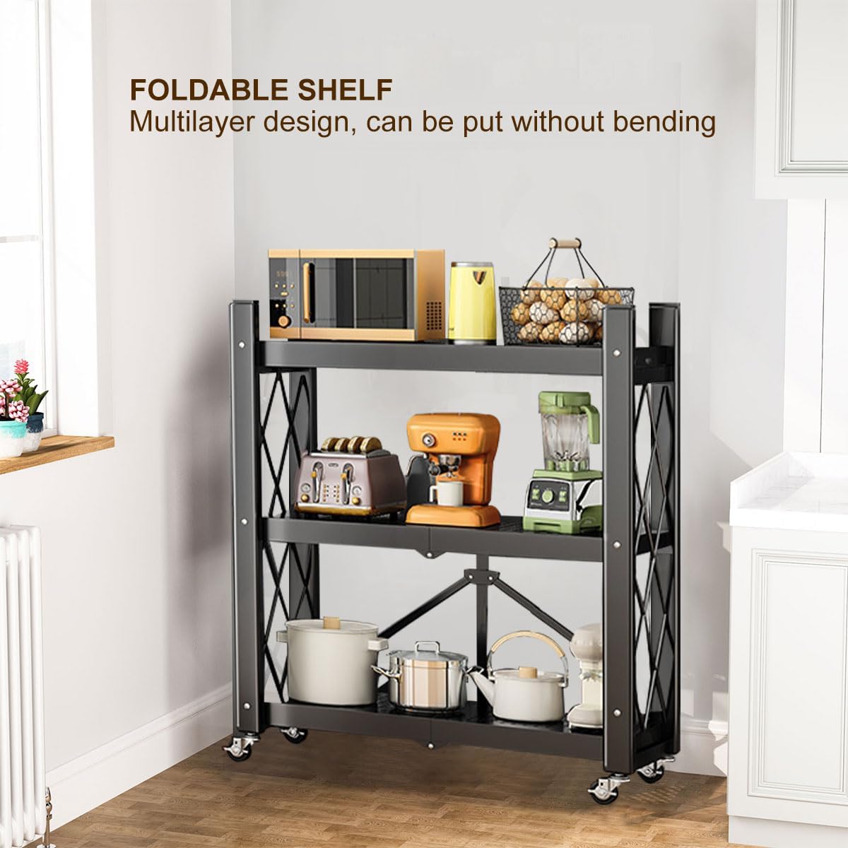 3-Tier Foldable Rolling Storage Shelf – Black