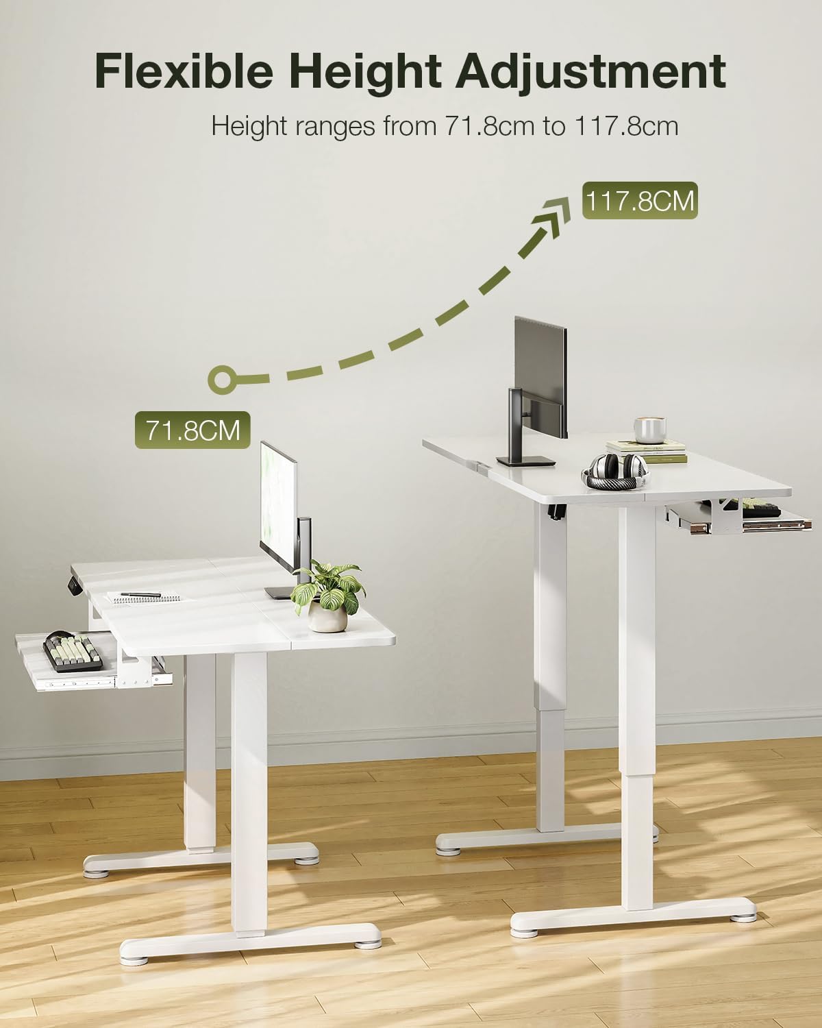 ODK Electric Standing Desk with Keyboard Tray & Memory Control,72-118cm Height Adjustable Sit Stand Desk,Ergonomic Computer Desk for Home Office,100 * 50cm,White