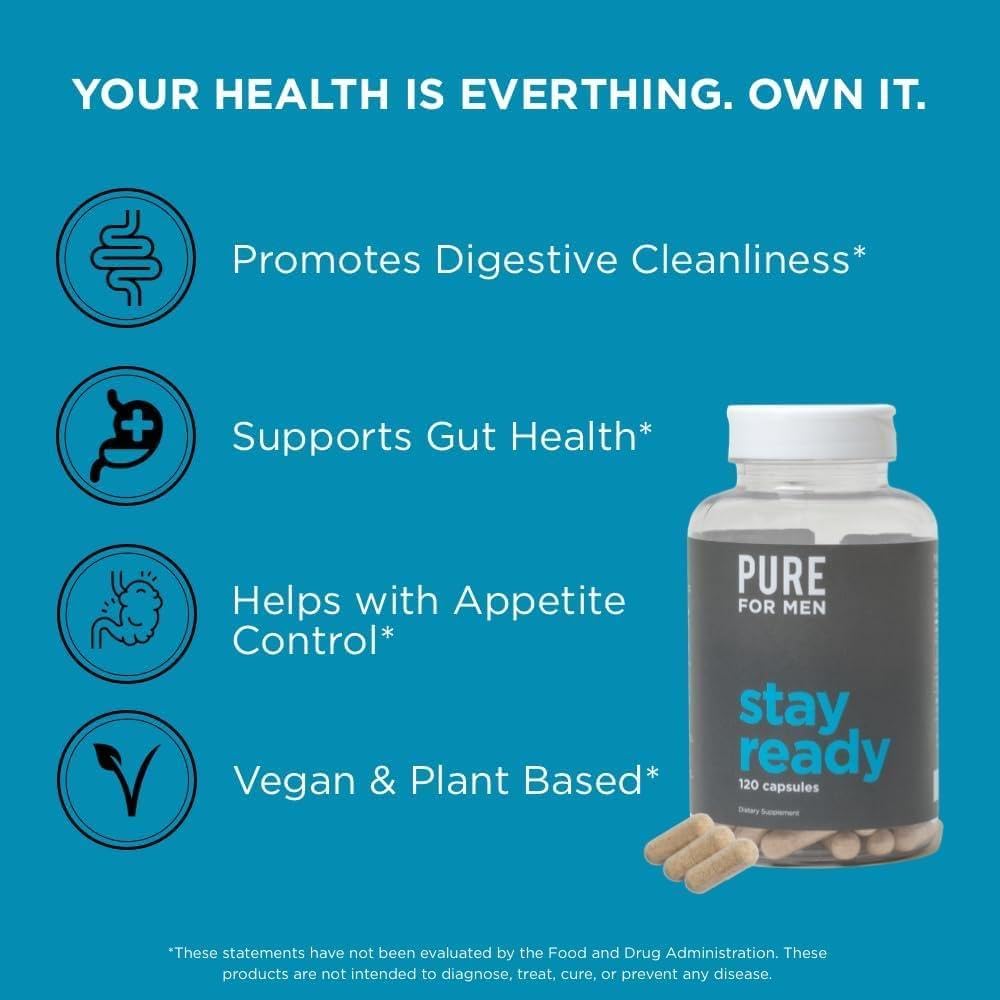 Pure for Men Original Cleanliness Stay Ready Fiber Supplement, 120 Vegan Capsules, Helps Promote Digestive Regularity. Psyllium Husk, Chia Seeds, Oat Fibre, Proprietary Formula