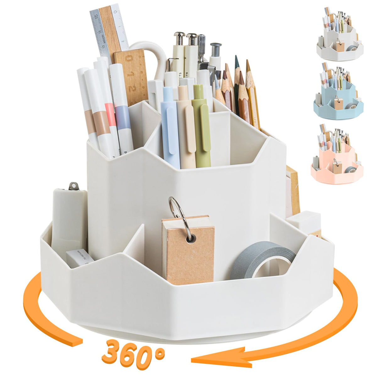 White 9-Compartment 360° Rotating Pen Organiser