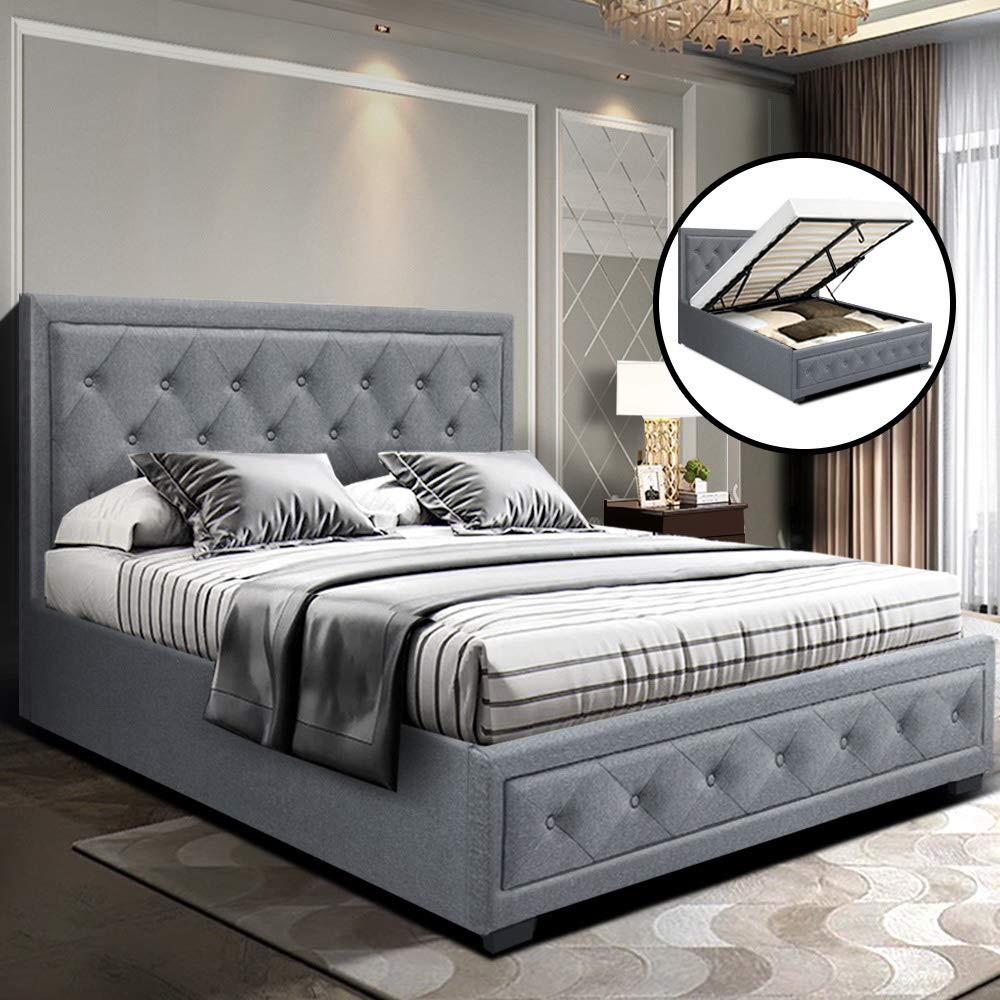 Grey Upholstered Double Gas-Lift Storage Bed with Tufted Headboard