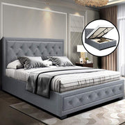 Grey Upholstered Double Gas-Lift Storage Bed with Tufted Headboard
