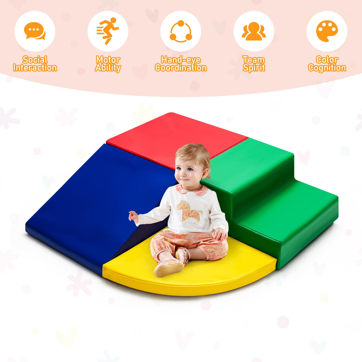 Climb and Crawl Foam Play Set, 4-Piece Soft Toddler Corner Climbing Sliding Blocks, Indoor Activity Play Foam for Babies & Toddlers, Lightweight Foam Gym Equipment Activity Play Set (Red)