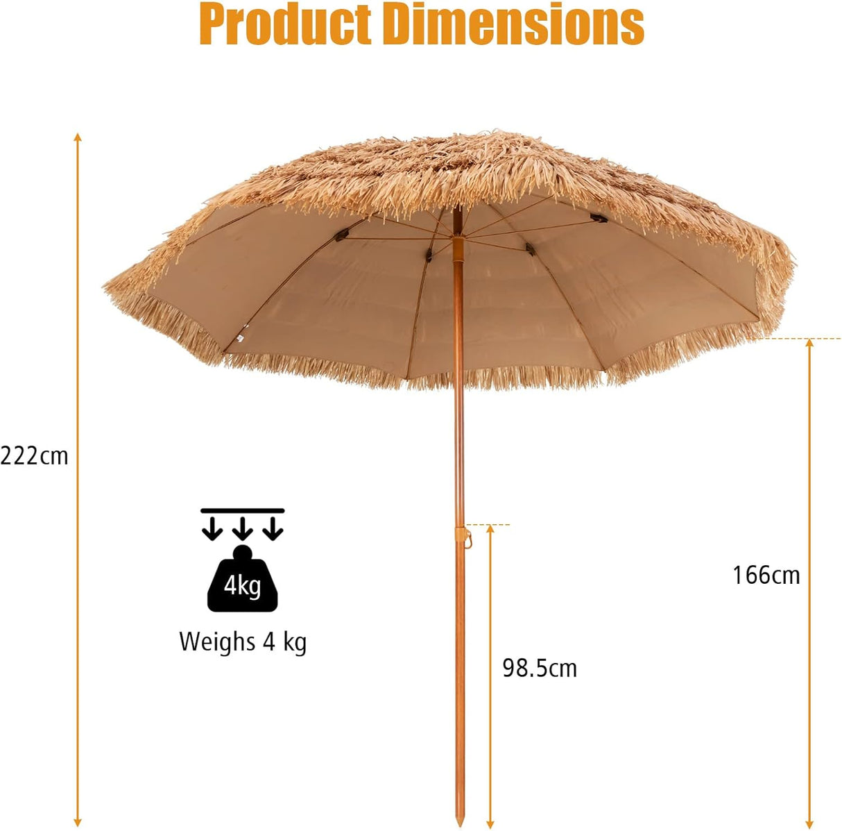Costway 8 FT Thatched Tiki Umbrella, Hawaiian Style Outdoor Hula Umbrella w/8 Metal Ribs, 7-Tier Straw Top, Press Button, Portable Palapa Tropical Umbrella for Beach, Yard, Poolside, Natural …