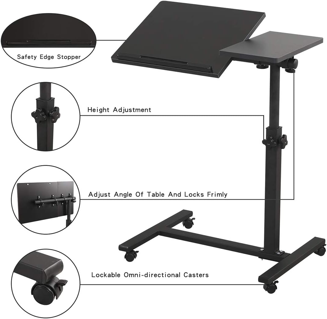 Black Mobile Tilting Overbed Laptop Table with Wheels