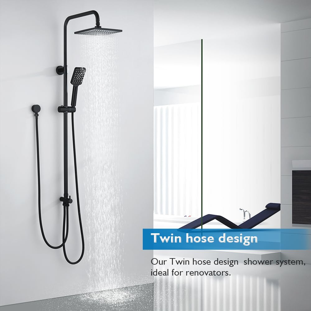 8-Inch Square Black Twin-Hose Shower System