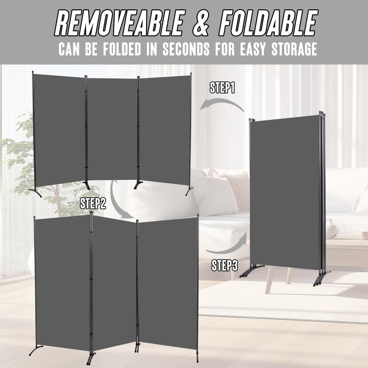 Grey 3-Panel Oxford-Cloth Room Divider – 260 × 180cm