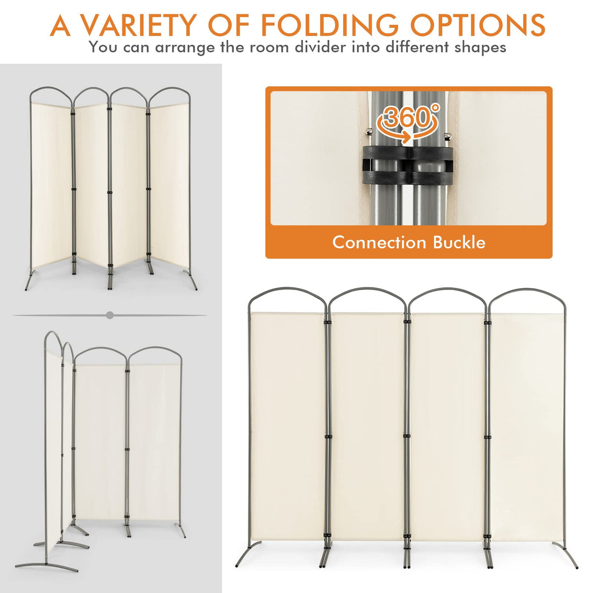 White 4-Panel Folding Room Divider – 221 × 188cm