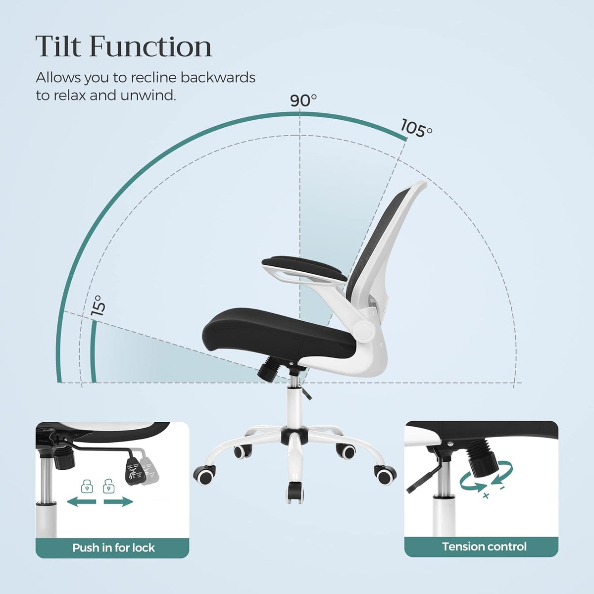 Office Chair, Swivel Chair with Mesh Covering, Ergonomic, Padded Lumbar Support, Rocker Function, 53 cm Seat, Folding Armrests