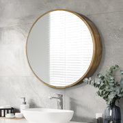 600mm Round Oak-Look Bathroom Mirror Cabinet with 3 Shelves