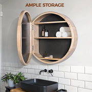 600mm Round Oak-Look Bathroom Mirror Cabinet with 3 Shelves