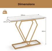 Modern Console Table, Faux Marble Narrow Entryway Table with Diamond Shape Geometric Frame, 100 cm Modern Accent Table with Anti-Tipping Device for Living Room Hallway Entrance, White & Gold