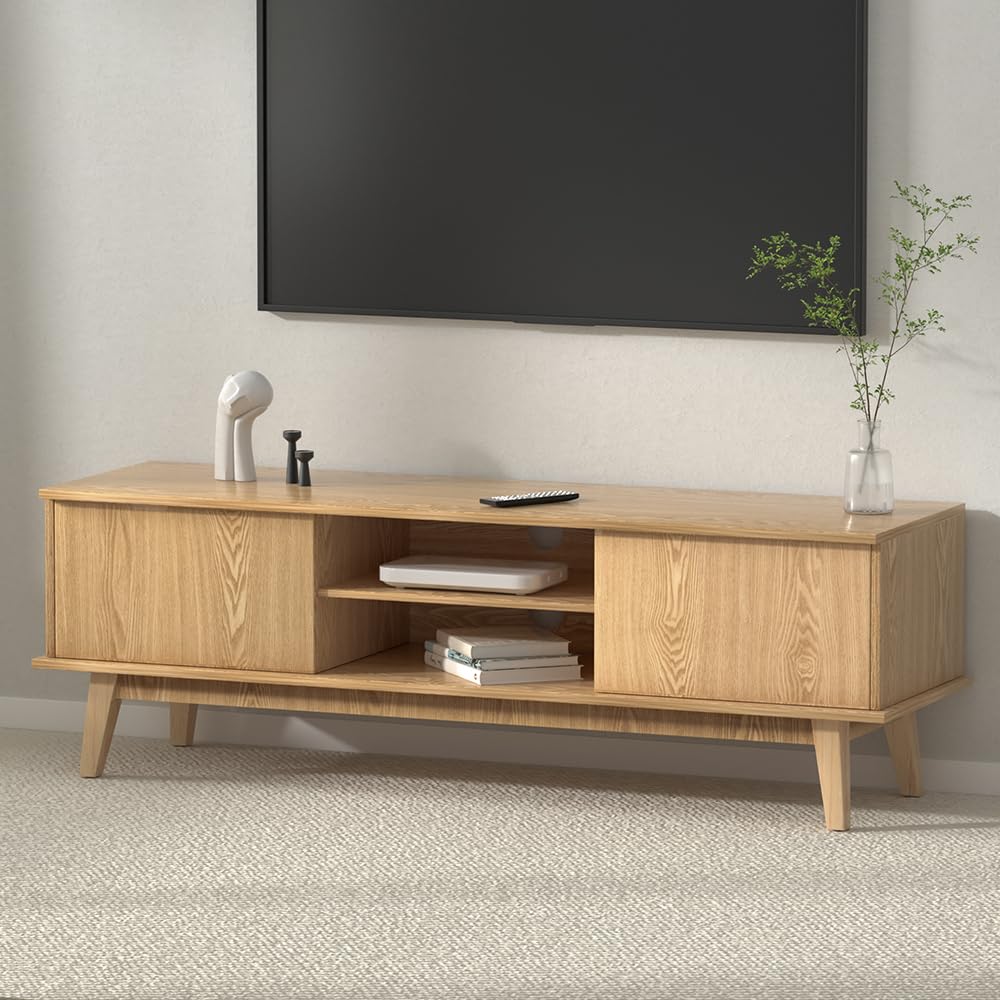 140 cm Pine TV Unit with 2 Cabinets & Open Shelves