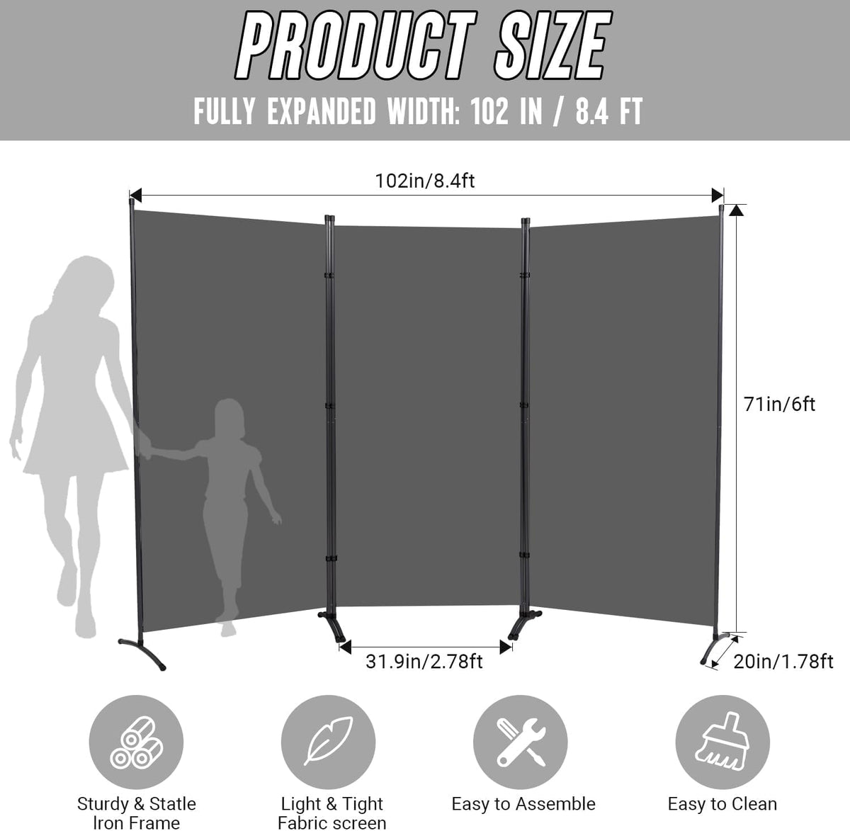 Grey 3-Panel Oxford-Cloth Room Divider – 260 × 180cm