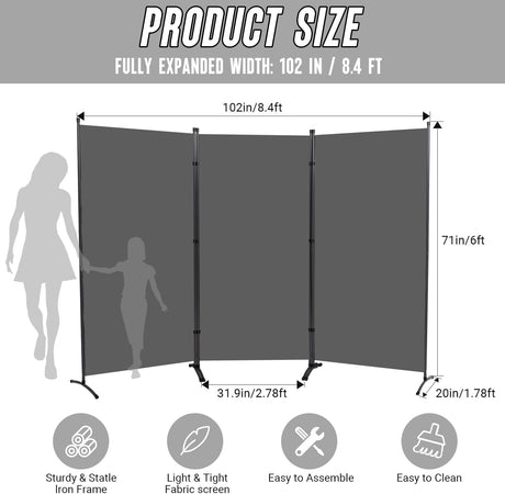 Grey Portable Room Divider, 3 Panel Freestanding Office Dividers, Folding Partition Privacy Wall Screen for Separation, 260 * 50 * 180Cm