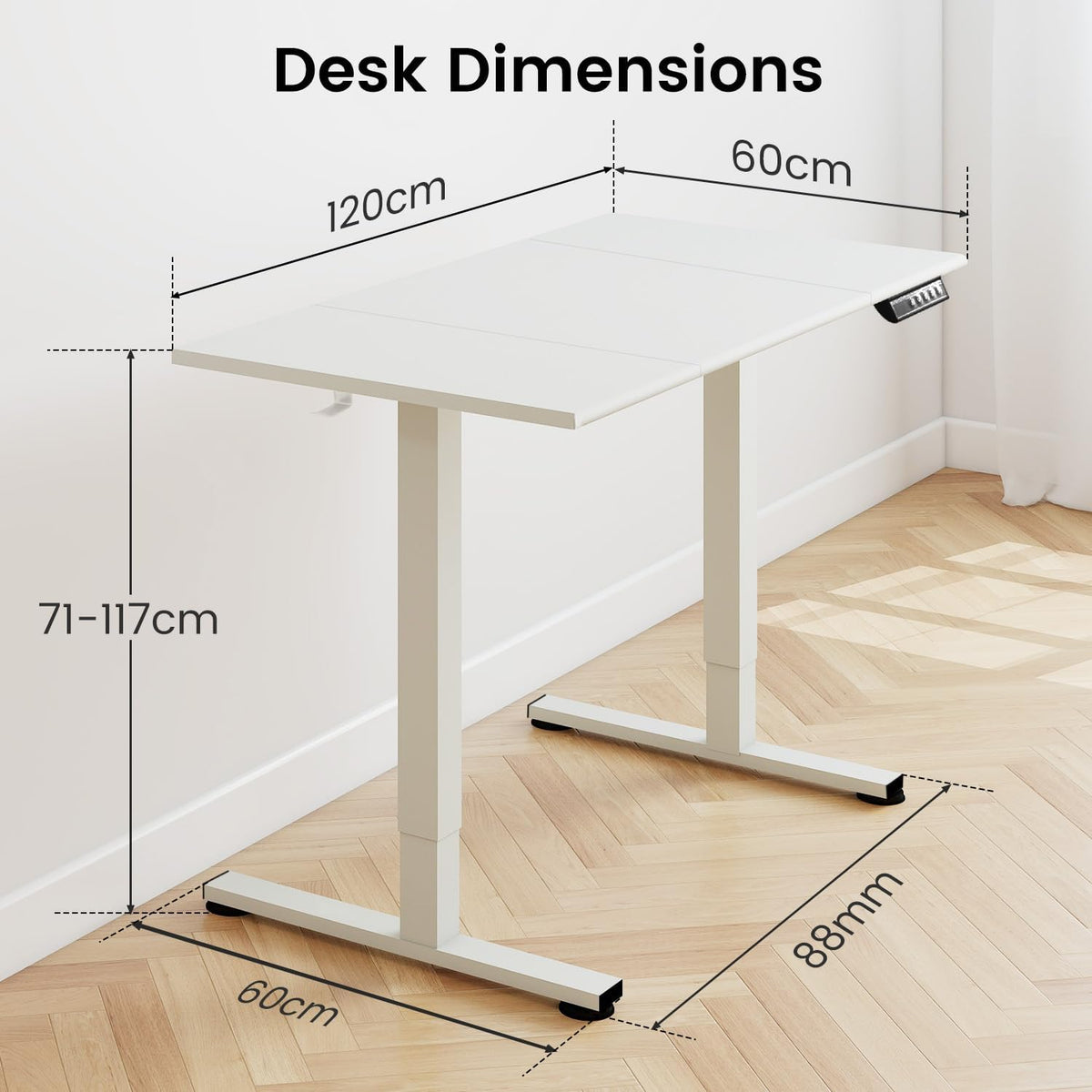 Electric Standing Desk, 120x60cm Height Adjustable Sit Stand Desk with Memory Function, Ergonomic Computer Desk for Home Office, Gaming Desk, Study Table with Hooks, White Frame Desktop