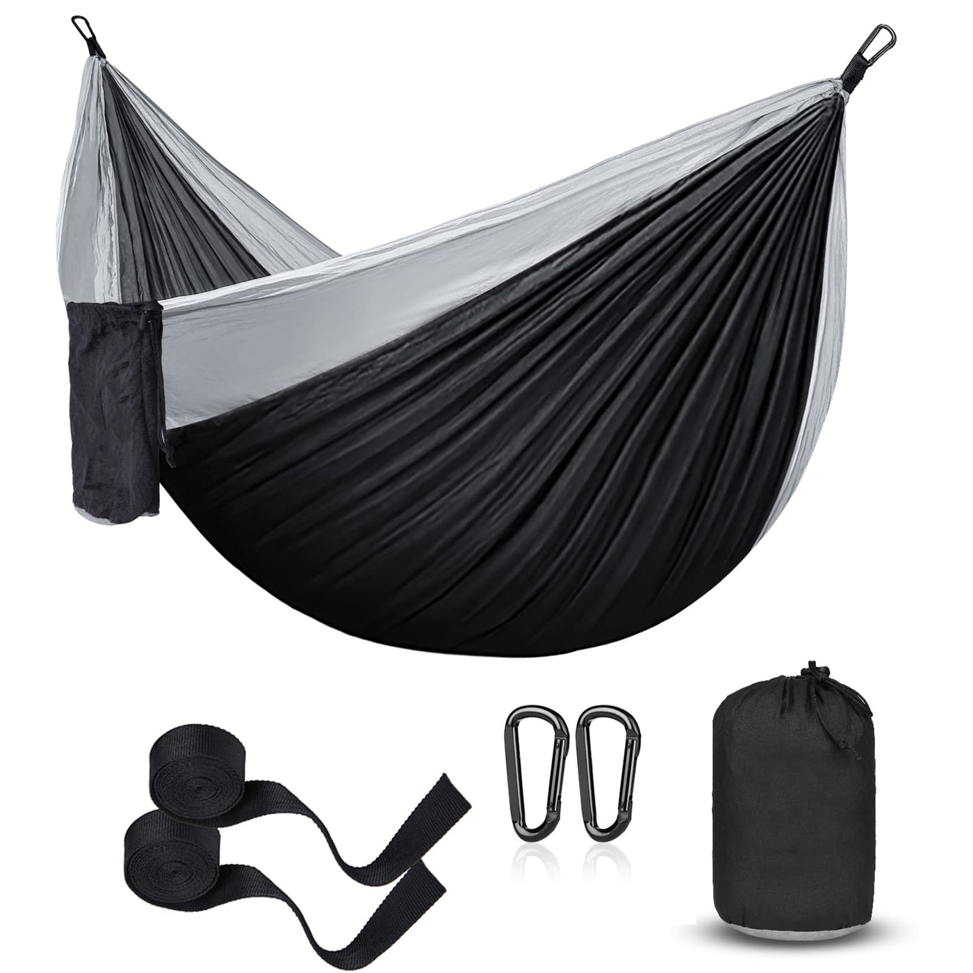 Portable 210D Nylon Camping Hammock – Black & Grey
