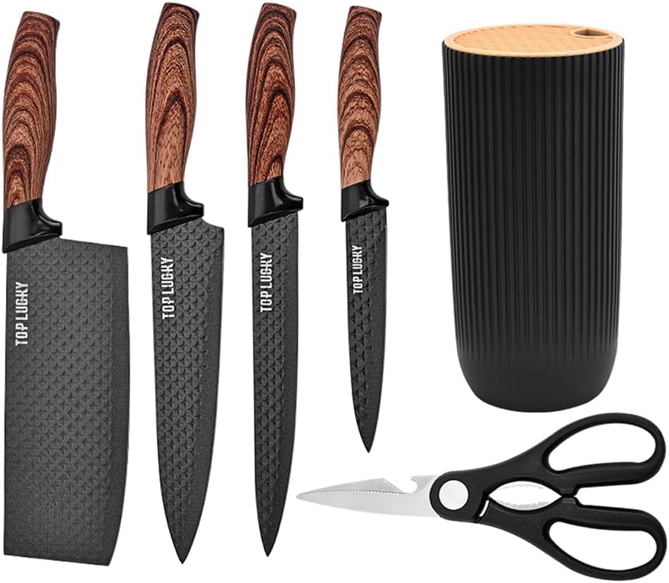 6-Piece Black Stainless-Steel Kitchen Knife Set with Block