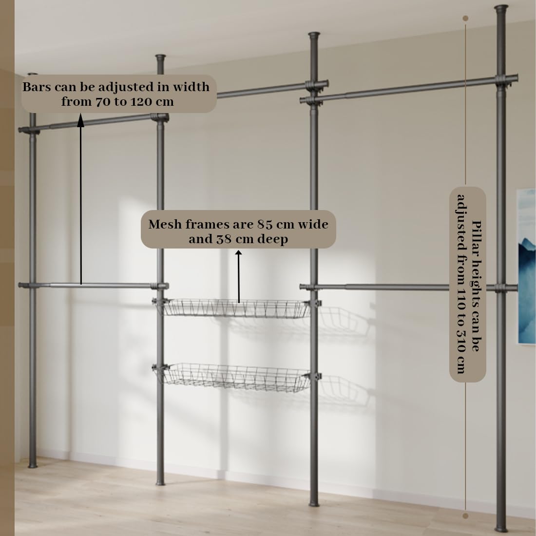 110–310 cm Floor-to-Ceiling Garment Rack with 5 Bars & 2 Shelves