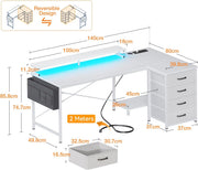 L Shaped Computer Desk with Monitor Stand 140x80cm,Reversible Corner Gaming Desk with LED Lights & Power Outlets& Storage Drawers,for Home Office Writing Study,140 * 80 * 89cm,White