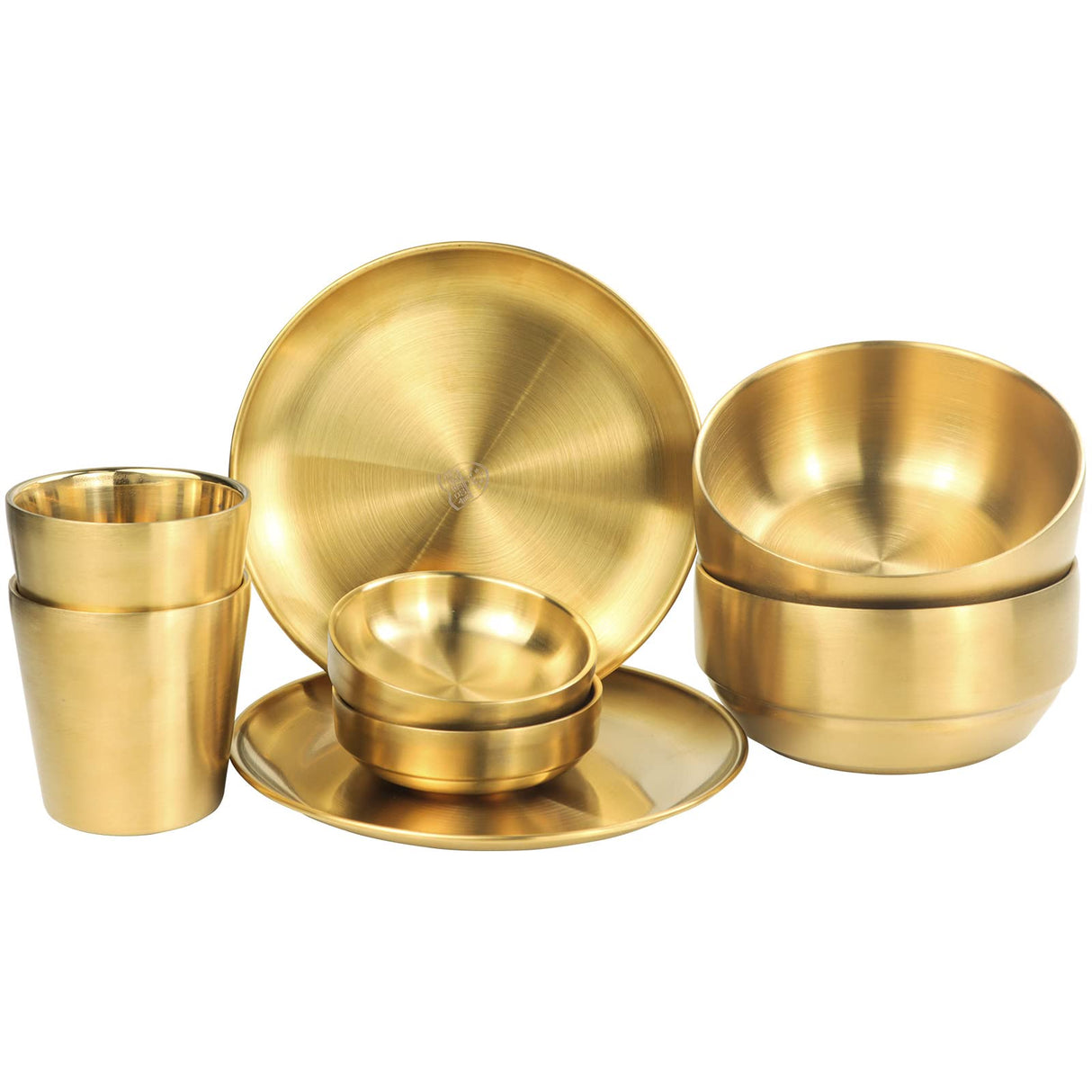 8 Pcs Stainless Steel Dinnerware Sets, Gold Dish Set, 6.6‘’ Small Thickened Dinner Plates, 16.9 OZ Soup Bowls, 3.5 OZ Mini Sauce Dish & Metal Cups, Stackable Dishware for Kitchen BBQ Party Picnic