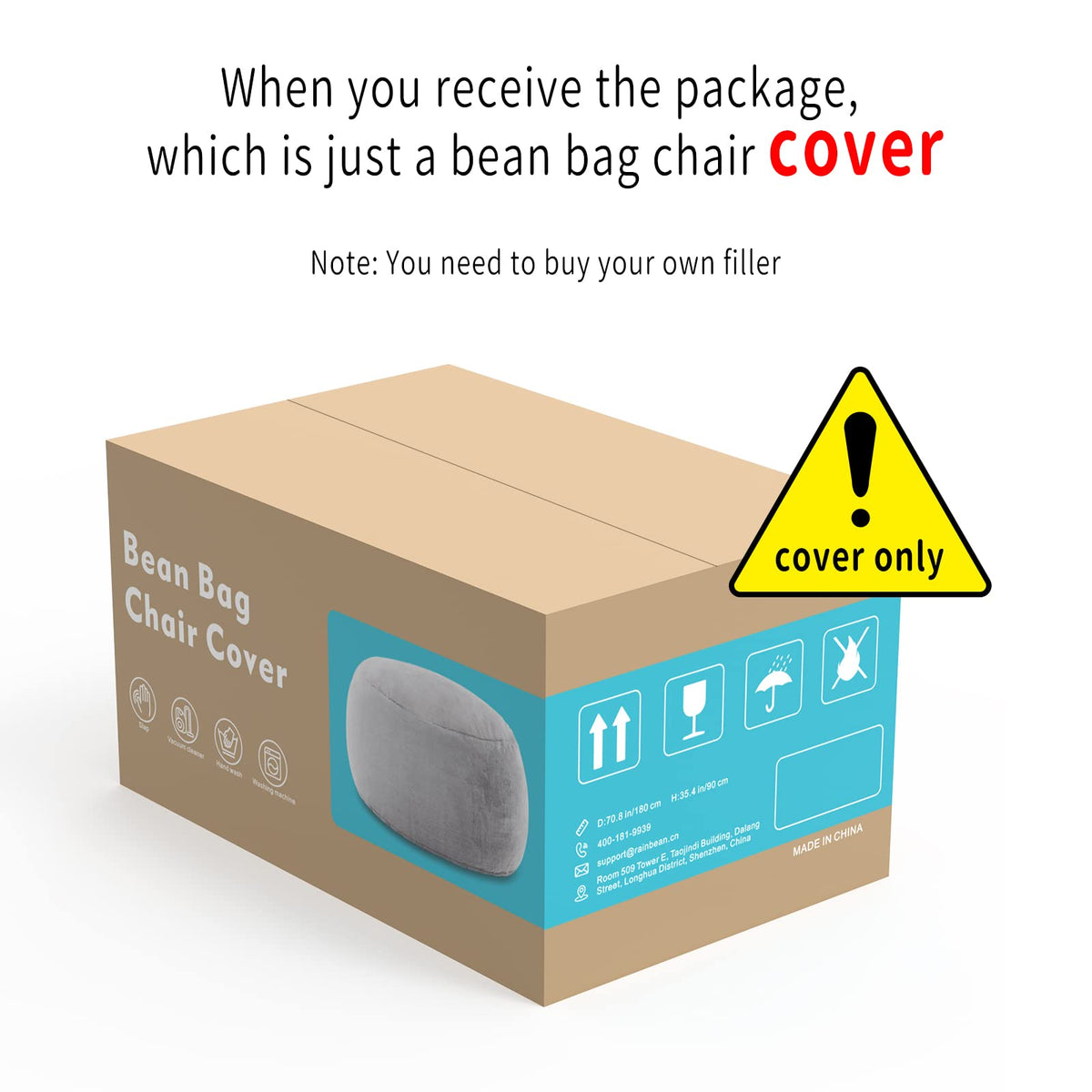 180 cm Fluffy Bean Bag Cover – Snow Grey, Cover Only