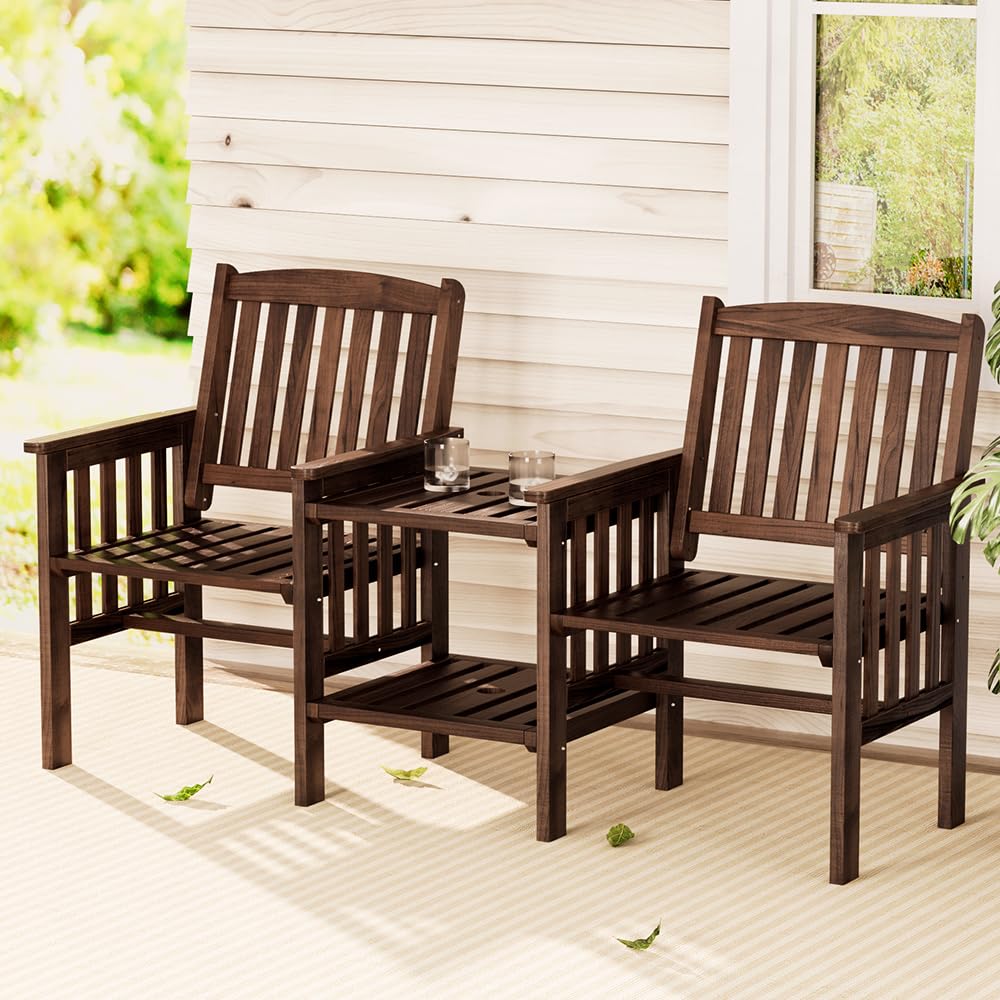 2-Seater Timber Garden Bench with Folding Table & Umbrella Hole