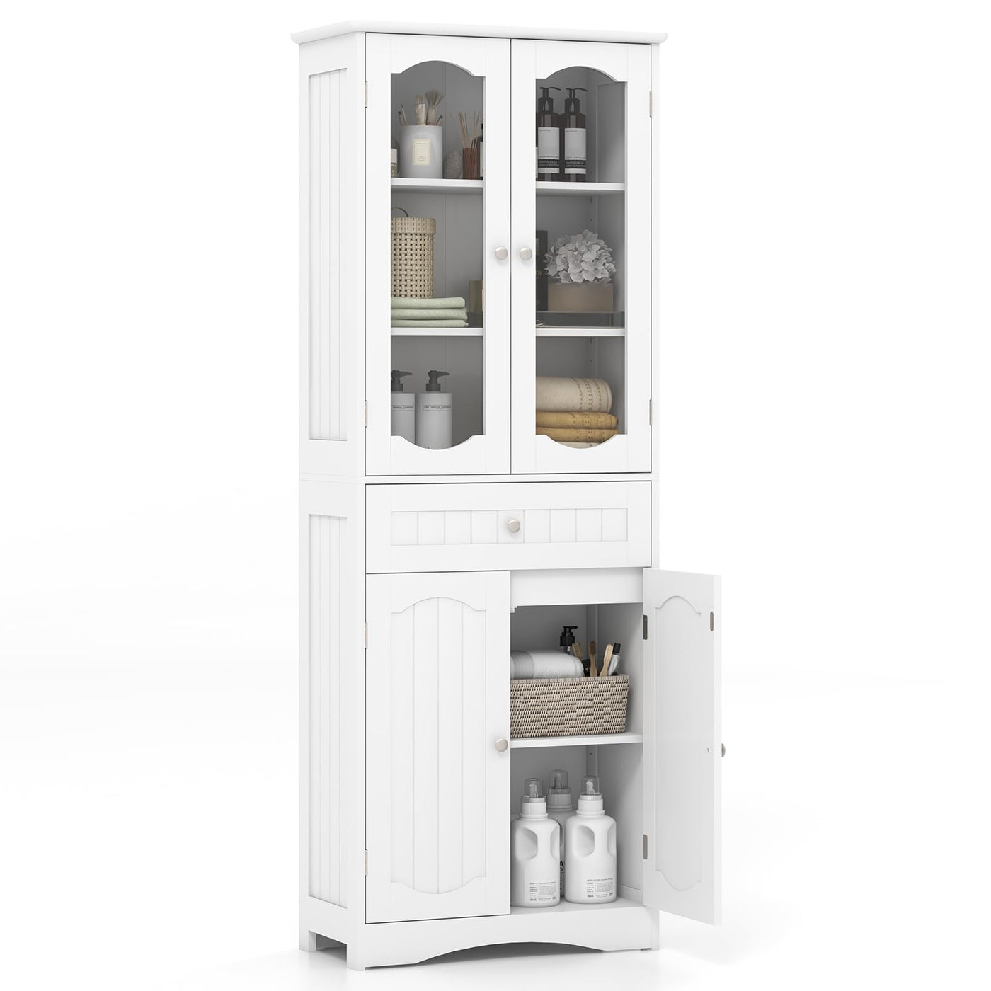 160 cm White Storage Cabinet with Glass Doors & Drawer