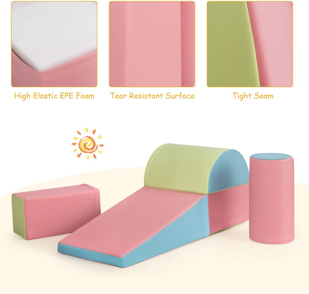 Kids Crawl & Climb Foam Play Set, 5-Piece Kids Foam Block Interactive Playset for Climbing, Crawling, Sliding, Lightweight Foam Shapes for Toddlers in Home, Kindergarten, Playroom (Pink)