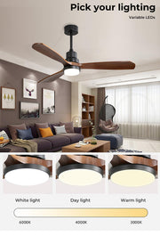 52'' Wood Ceiling Fan DC Motor with LED Light Remote Control 5 Speed 3 Natural Walnut Blades 12.5cm/25cm Down Rod 3 Lighting Color White