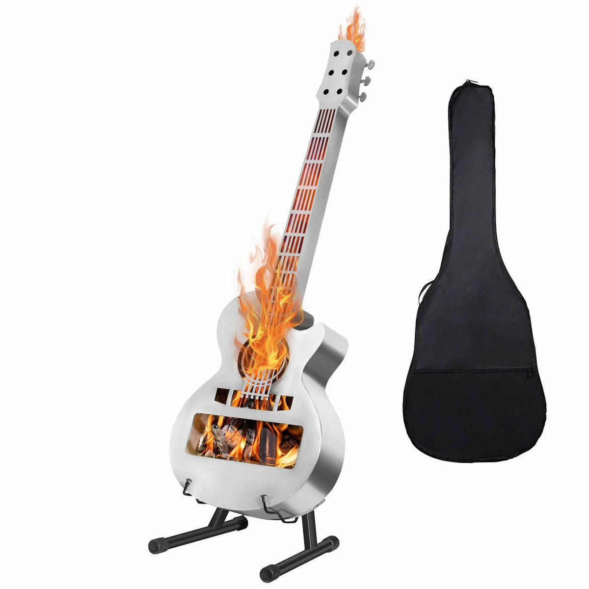 Portable Stainless-Steel Guitar-Style Wood Fire Pit with Carry Bag