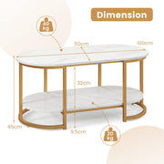 2-Tier Oval Faux-Marble Coffee Table – White & Gold