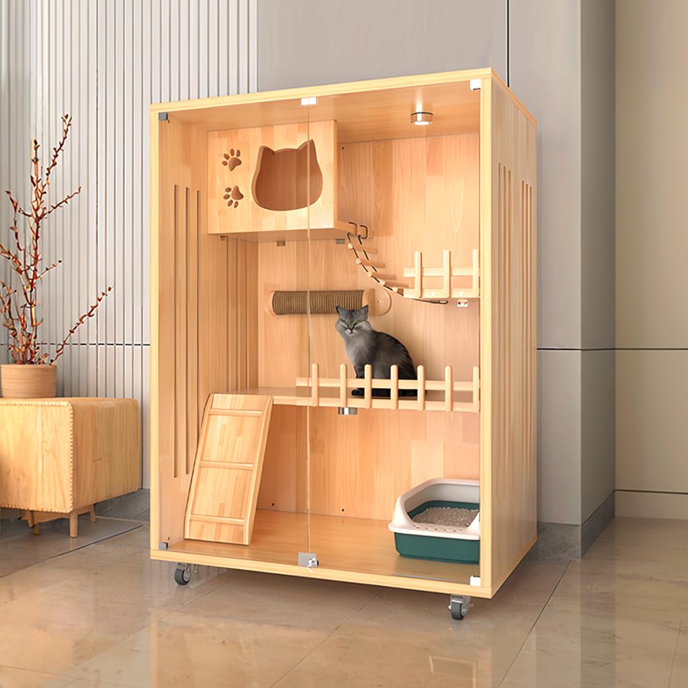 125 cm White Wooden Cat Condo with Wheels & Glass Doors