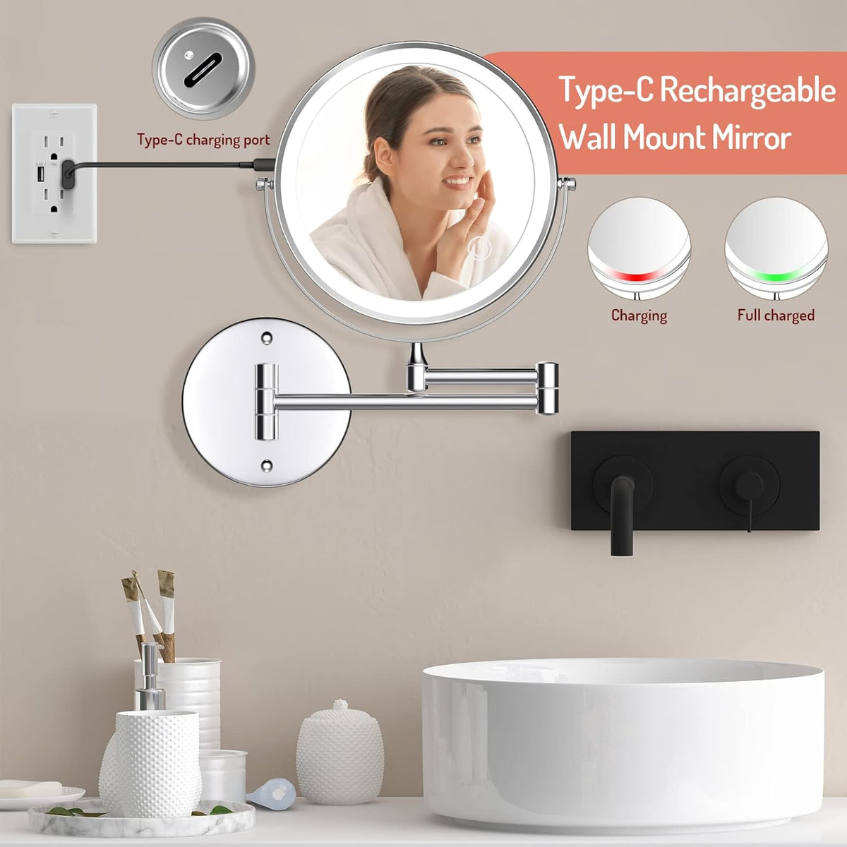 Rechargeable Wall Mounted Makeup Mirror with Lights,8 Inch Double-Sided LED Vanity Mirror 1X/10X Magnification,3 Color Lighting Dimmable Touch Screen 13 Inch Retractable (Black, 1/10X) (Chrome)