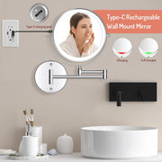 Rechargeable Wall Mounted Makeup Mirror with Lights,8 Inch Double-Sided LED Vanity Mirror 1X/10X Magnification,3 Color Lighting Dimmable Touch Screen 13 Inch Retractable (Black, 1/10X) (Chrome)