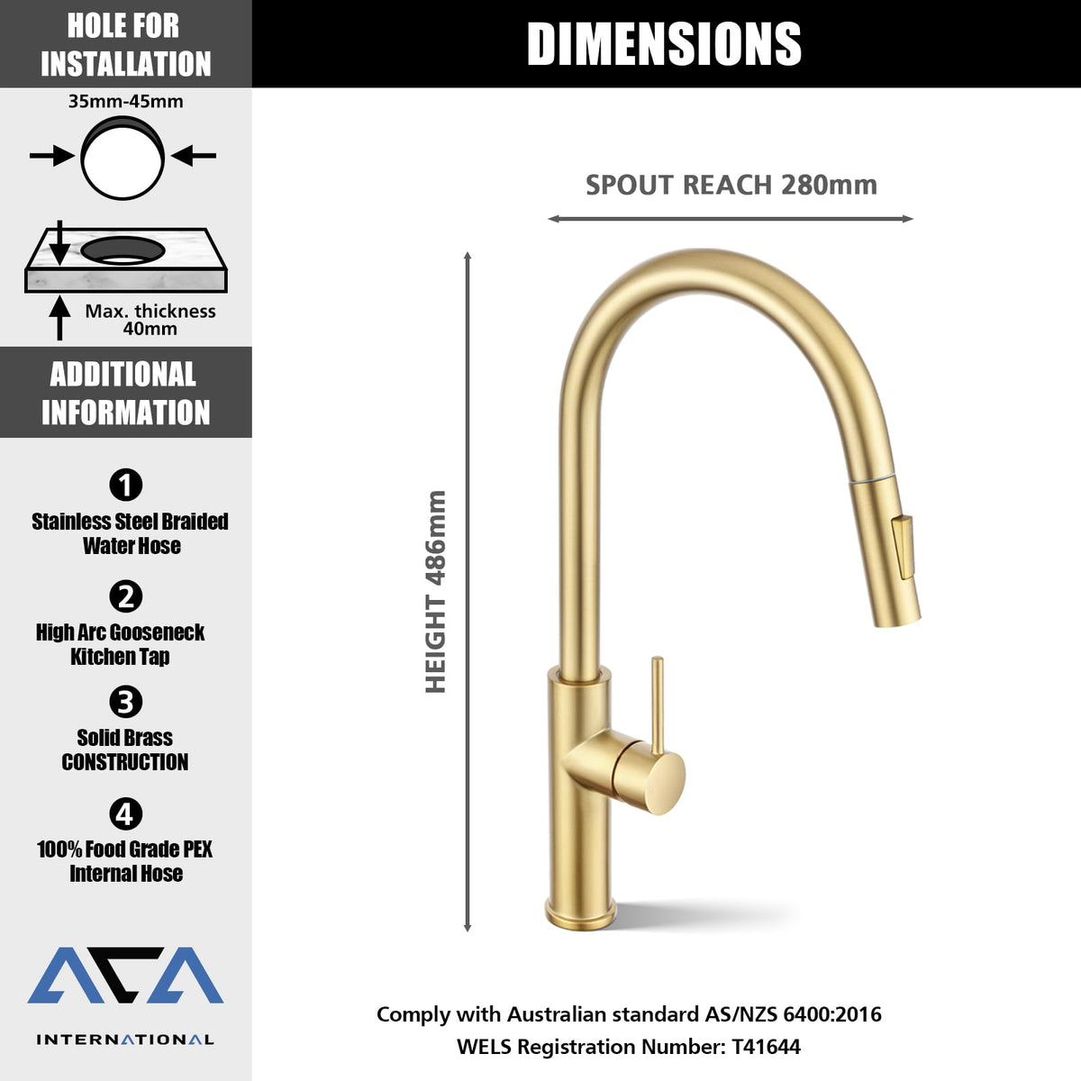 Brushed Gold 2-Mode Pull-Out Kitchen Mixer Tap