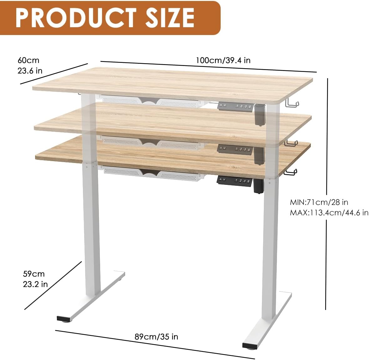 100 x 60cm Electric Standing Desk, Height Adjustable Stand Desk with Drawers,Sit Stand Computer Home Office Desk (Oak Top White Legs)